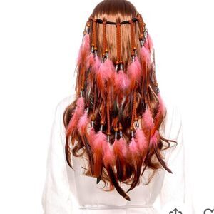 NWT handmade adjustable headband with feathers and beads and roping. Pink& black